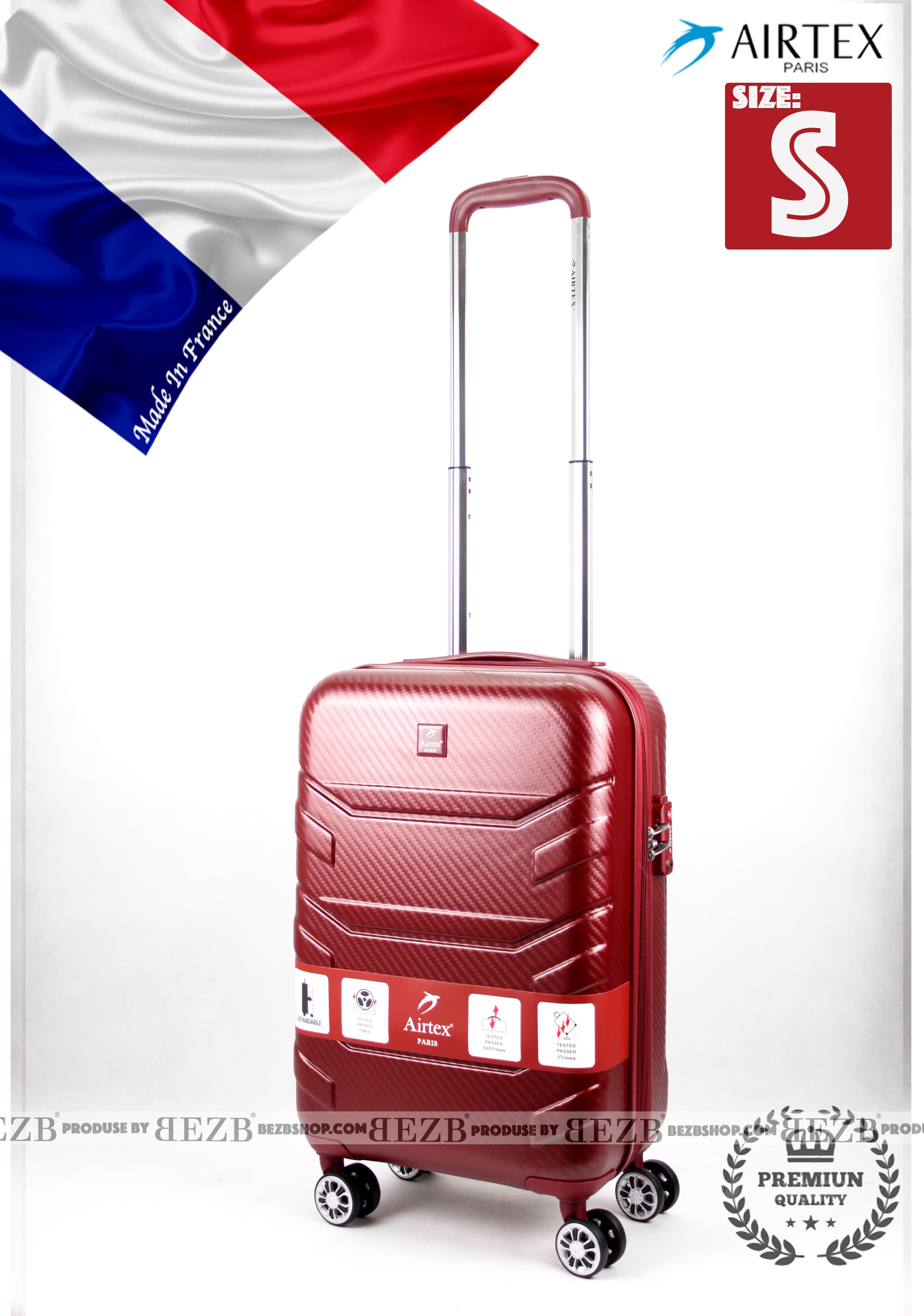 Французский ударостойкий чемодан Малый из поликарбоната на 4-ых колесах 'AIRTEX ' 7313 S RED - 1